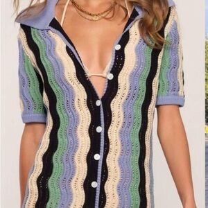 Heartloom Wavy Knit Button-Down Shirt in Green, Blue, Cream, and Black